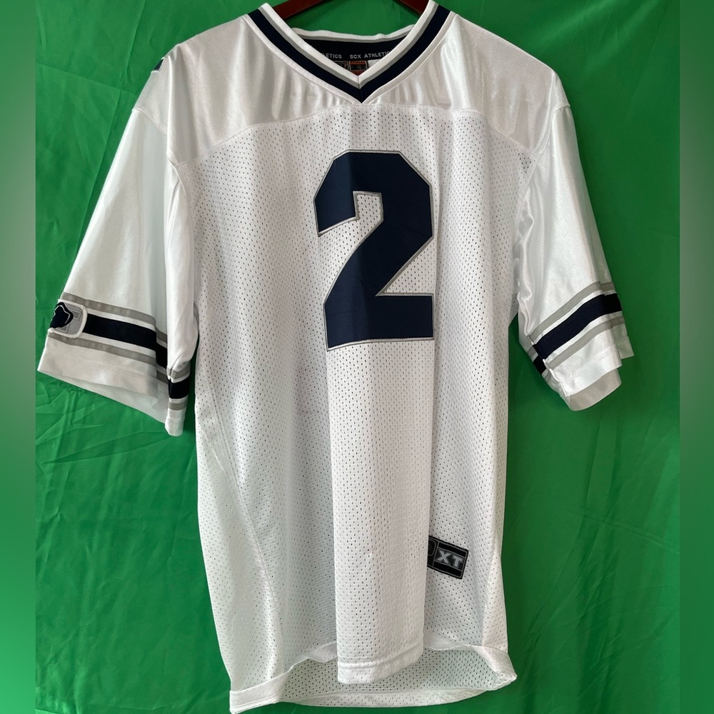 Football jersey, adult size large, white with navy blue and gray trim. Stitched.